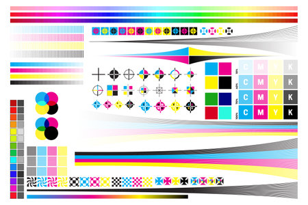 CMYK Print Calibration Illustration with Offset Printing Marks and Color Testのイラスト素材