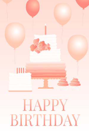 Peach Happy Birthday Congratulation Card or Postcard Illustration With Cake and Balloonsのイラスト素材