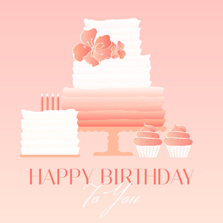 Happy Birthday To You Congratulation Card or Postcard Illustration With Cake