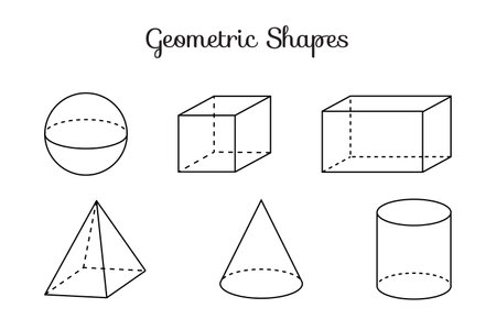 Thin Line 3D Geometric Shapes of Sphere, Cube, Cuboid, Pyramid, Cone and Cylinderのイラスト素材