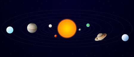 Beautiful Realistic Solar System Illustration. Mercury, Venus, Earth, Mars, Jupiter, Saturn, Uranus, and Neptune Planets Rotating Around the Sunの写真素材