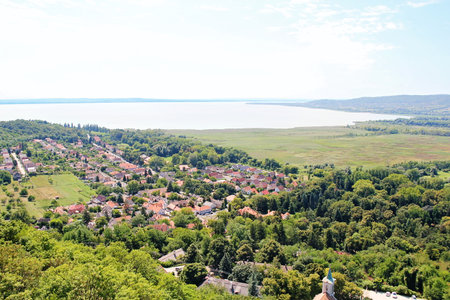 Aerial View with Lake Balaton, Balaton Uplands and City of Szigliget in Hungaryの写真素材
