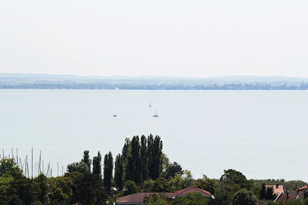 Aerial View of Lake Balaton from ÃbrahÃ¡mhegy Viewpoint with Sailboats,  Hungaryの写真素材