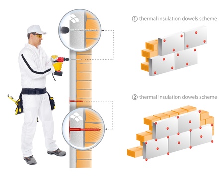 Construction worker in white overalls show in 3D sheme how to install insulation of house wallsの写真素材