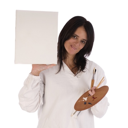 woman painter with white paintingの写真素材