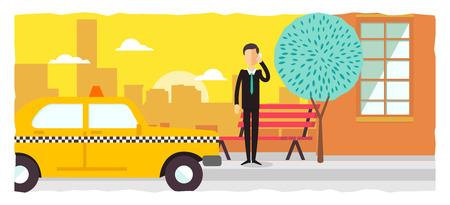 poster design template Businessman calling a taxi with his mobile phoneのイラスト素材