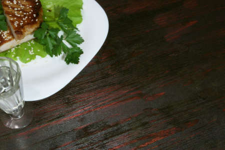 Beef steak on lettuce leaves.の写真素材