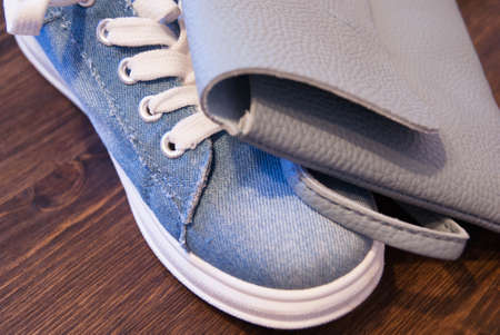 Women's clothing and accessories. Jeans, purse and shoes.の写真素材