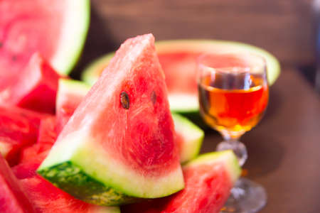 Fresh and juicy watermelon on the plate. Ripe watermelon to the delight of childrenの写真素材