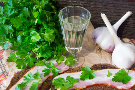 Traditional Ukrainian and Russian appetizer when dining. Food when drinking alcohol. Vodka and sandwiches with bacon, garlic and pickles.の写真素材