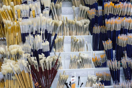 Belgorod, Russia - December 11, 2017: the Storefront for artists. Shop for artists there is always a lot of brushes and paints.のeditorial素材