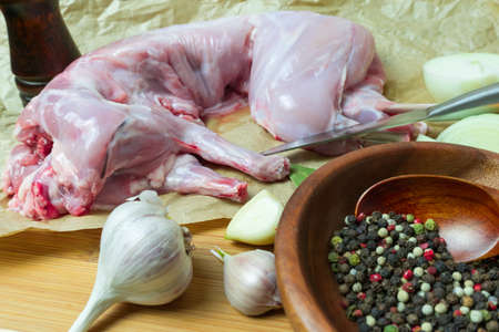 Rabbit meat. Healthy and tasty dish can be prepared from fresh rabbit. Preparing for the frying of rabbit meat. Rabbit meat. Healthy and tasty dish can be prepared from fresh rabbit. Preparing for the frying of rabbit meat.の写真素材