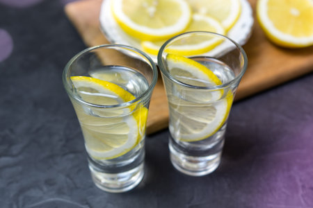 Glass of vodka. And lemon slicing on a plate. Place for your text.