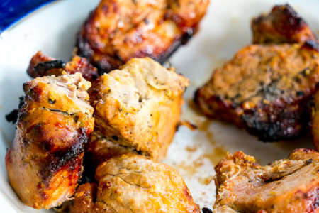 Pieces of kebab removed from skewers and put on a plate.の写真素材