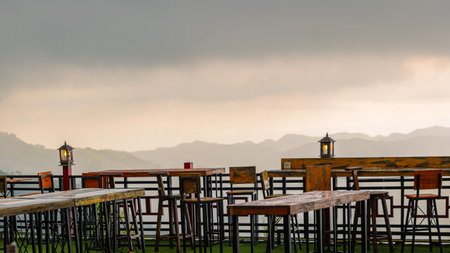 Cafe terrace with beautiful mountain views at Takmoh Coffee Khao Kho.  Phetchabun, Thailand.