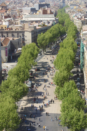 partail view of the Rambla and the city seen from the Monument a Colom at the city of Barcelona,...