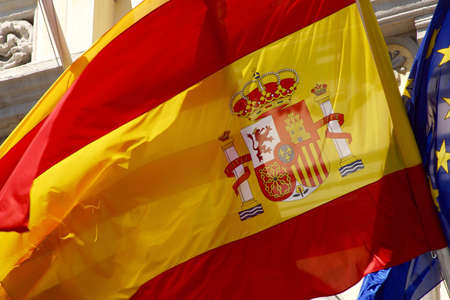 detail of 3 representative flags , Spain, Catalunya and EU in the city of Barcelona, Catalunya, Spain, Europeの写真素材