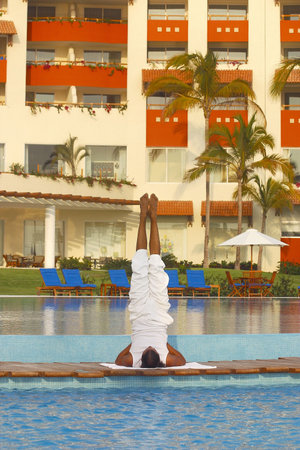partial view of a hotel with Yoga teacher in Puerto Vallarta, Jalisco, Mexico, Latin America