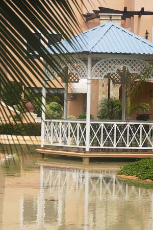 kiosk next to the artificial lake in a hotel with hacienda like details in Cancun, Riviera Maya, Quinatan Roo, Mexico, Latin Americaの写真素材
