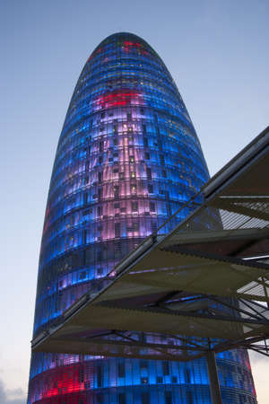 Torre Agbar or Agbar Tower a 142 metre skyscraper designer by architect Jean Nouvel located in Glorias Square Barcelona Spainのeditorial素材