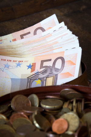 50 euros and coins. European currency