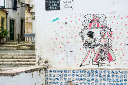 Lisbon, Portugal - April 16, 2014: Street art in Alfama district in Lisbon Portugalのeditorial素材