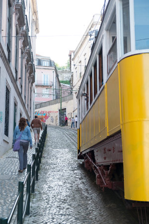 Lisbon, Portugal - April 16, 2014: Elevador da Gloria, famous funicular in Lisbon, Portugalのeditorial素材