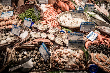 Toulouse, France - September 14, 2016: seafood in Victor Hugo market in the downtown of the cityのeditorial素材