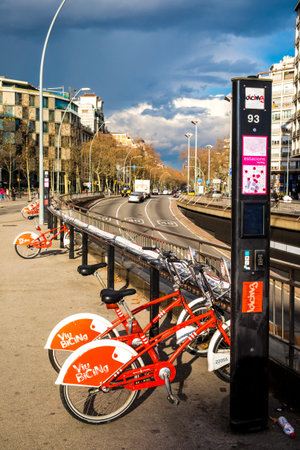 Barcelona, Spain - February 14, 2016: Bicing, publc bicycle transport service in the capital of Cataloniaのeditorial素材