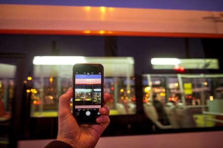 Mobile photography on Plaza Espana square in Barcelonaの写真素材