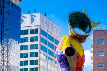 Barcelona, Spain - February 14, 2016: Sculpture 'Woman and Bird' (Dona i Ocell, in catalan), created by Joan Miro in Joan Miro squareのeditorial素材