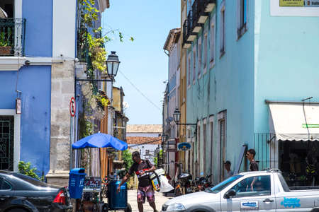Salvador, Brazil - October 26, 2016: Colonial style architecture and souvenir shop at the historic "Pelourinho" in Salvador da Bahiaのeditorial素材