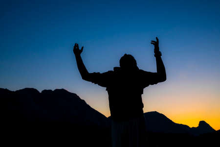 Man silhouette in the mountains of Basque Country Spainの写真素材