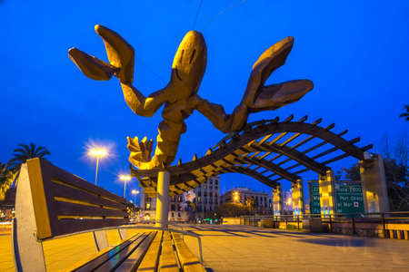 Barcelona, Spain - February 29, 2016: sculpture La Gamba by Mariscal in the coastline of Port Vell of Barcelona Catalonia Spainのeditorial素材