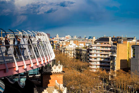 Barcelona, Spain - February 14, 2016:  Panoramic of Barcelona from Las Arenas shopping mall center in Plaza Espana square in Barcelona Catalonia Spainのeditorial素材