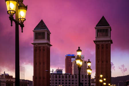 Barcelona, Spain - February 14, 2016:   Venetian towers in the main entrance to Montjuic Barcelona Catalonia Spainのeditorial素材