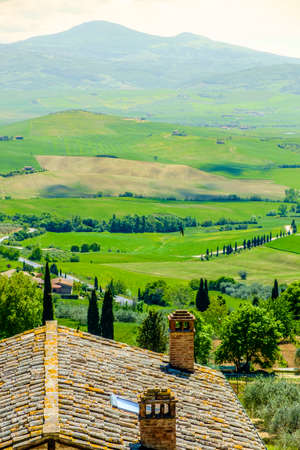 View from Pienza across the countryside Italy Europeの写真素材