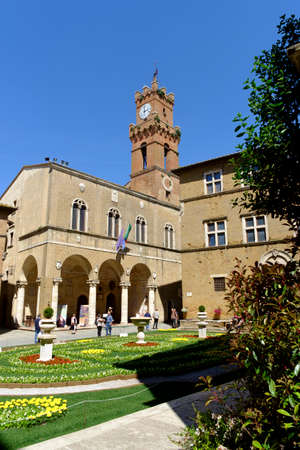 Pienza, Italy - May 9, 2014: tourism at Piazza Pio II square  in Pienza Tuscany Italy Europe  Piazza Pio II square  in Pienza Tuscany Italy Europeのeditorial素材