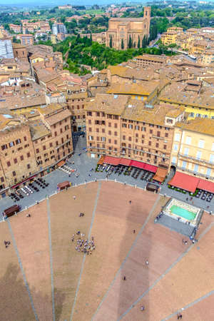 Siena, Italy - May 11, 2014: Piazza del Campo at Siena, view from Torre del Mangia at Palazzo Publico Italy Europeのeditorial素材