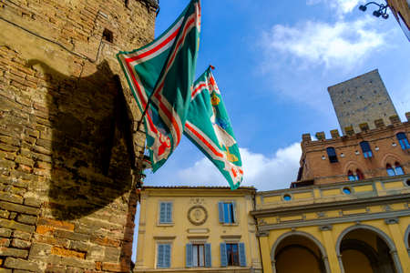 Siena, Italy - May 11, 2014: The green flag showing a goose, the symbol for a specific district in Siena, competing in Palioのeditorial素材