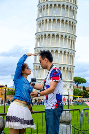 Pisa, Italy - May 11, 2014:  Tourists in front of the Leaning Tower of Pisa Pisa, Tuscany, Italy, Europeのeditorial素材