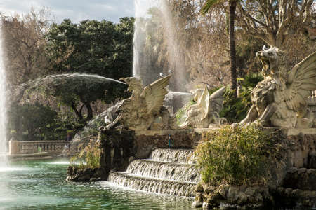 Fountain cascade designed by Josep Fontsere in Ciutadella Park in Ciutat Vella Barcelona Catalonia Spainの写真素材
