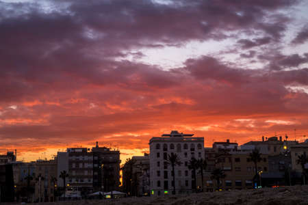 Barcelona, Spain - March 3, 2016: popular beach of Barceloneta during the sunset Mediterranean coast Europeのeditorial素材