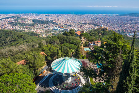 Barcelona, Spain - April 6, 2016: Panoramic view of the Catalan capital from Tibidabo mountain