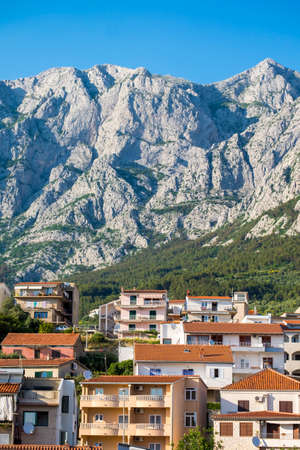 Panoramic of Makarska city and Biokovo Natural Park in Croatiaの写真素材
