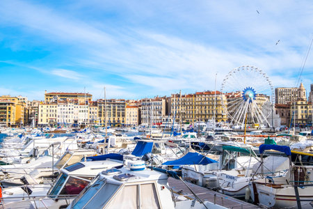 Marseille, France - March 6, 2017:  Old port, Vieux Port, Marseille, Bouches-du-Rhone, Provence-Alpes-Cote d'Azur, Southern France, France, Europeのeditorial素材