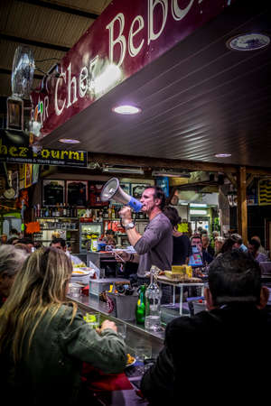Narbonne, France - October 19, 2016:  Chez Bebelle at the iron and glass roof of the""Les Halles"" market in Narbonne France built in 1907のeditorial素材