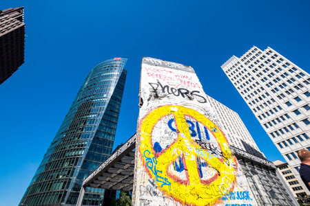 Berlin, Germany - August 8, 2017: Original segment of the Berlin Wall, Potsdamer Platz square,...