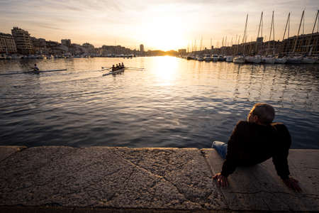 Marseille, France - March 7, 2017: Vieux port Old Port at sunset is one of the most visited places in the cityのeditorial素材