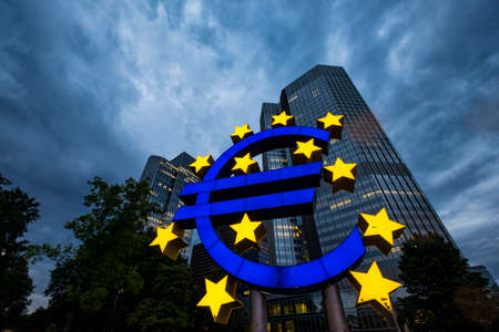 Frankfurt, Germany - August 14, 2017: giant sculpture of the euro symbol, the european currency, located in the center of the cityのeditorial素材